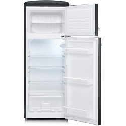 SEVERIN Réfrigérateur Congélateur 2 portes, Pose libre, Longueur 55cm, 206L, Classe E, Veggibox incluse, Rétro, Noir mat, RKG 89