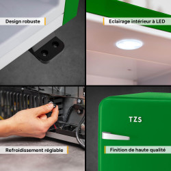 TZS First Austria - Mini Réfrigérateur Rétro 40L - Silencieux 22dB - Sans Compresseur pour Chambre & Bureau - Vert foncé - Frigo