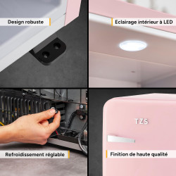 TZS First Austria Mini Réfrigérateur Rétro 40L - Silencieux 22dB - Sans Compresseur pour Chambre & Bureau - Rose - Frigo d'appoi