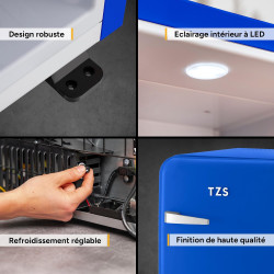 TZS First Austria - Mini Réfrigérateur Rétro 40L - Silencieux 22dB - Sans Compresseur pour Chambre & Bureau - Bleu foncé - Frigo