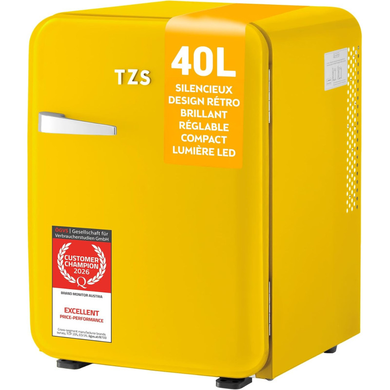 TZS First Austria - Mini Réfrigérateur Rétro 40L - Silencieux 22dB - Sans Compresseur pour Chambre & Bureau - Jaune - Frigo d'ap