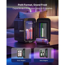 Upstreman Mini Frigo de Chambre, 4 Litres/6 Canettes, Mini Réfrigérateur avec Lumières à l'Infini, Refroidissement, 12V/220V, Mi