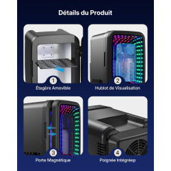 Upstreman Mini Frigo de Chambre, 4 Litres/6 Canettes, Mini Réfrigérateur avec Lumières à l'Infini, Refroidissement, 12V/220V, Mi