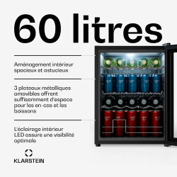KLARSTEIN Beersafe Réfrigérateur à Boissons 60 L – Mini Frigo avec Porte Vitrée, Argent | Éclairage LED, étagères métalliques am