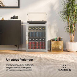 KLARSTEIN Beersafe Réfrigérateur à Boissons 60 L – Mini Frigo avec Porte Vitrée, Blanc-Argent | Éclairage LED, étagères métalliq