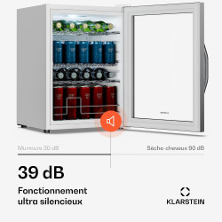 KLARSTEIN Beersafe Réfrigérateur à Boissons 60 L – Mini Frigo avec Porte Vitrée, Blanc-Argent | Éclairage LED, étagères métalliq