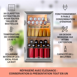 KLARSTEIN Beersafe Réfrigérateur à Boissons 80 L – Frigo avec Porte Vitrée, Blanc-Argent | Éclairage LED, étagères métalliques a