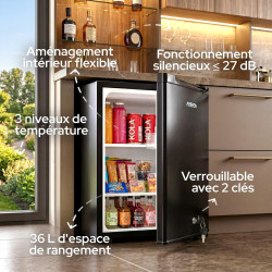 AREBOS Mini Réfrigérateur 40L | Mini Bar Silencieux ≤27 dB | Réfrigérateur Compact Verrouillable avec LED & Température Réglable