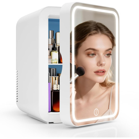 YU YUSING Mini Frigo Cosmetique 8L avec Miroir LED, Mini Réfrigérateurs Portable, Petit Frigo de Chambre 12V/220V avec Fonction 
