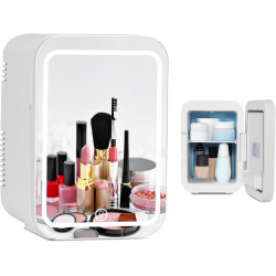 YU YUSING Mini Frigo de Chambre 4L avec Miroir LED, Luminosité Réglable, 6 Canettes, Petit Frigo Cosmétique, Réfrigérateur Porta