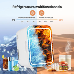 YU YUSING Mini Frigo de Chambre 4L avec Miroir LED, Luminosité Réglable, 6 Canettes, Petit Frigo Cosmétique, Réfrigérateur Porta