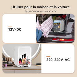 YU YUSING Mini Frigo de Chambre 4L avec Miroir LED, Luminosité Réglable, 6 Canettes, Petit Frigo Cosmétique, Réfrigérateur Porta