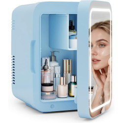 YU YUSING Mini Frigo de Chambre 4L avec Miroir LED, Luminosité Réglable, 6 Canettes, Petit Frigo Cosmétique, Réfrigérateur Porta