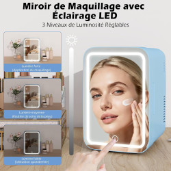YU YUSING Mini Frigo de Chambre 4L avec Miroir LED, Luminosité Réglable, 6 Canettes, Petit Frigo Cosmétique, Réfrigérateur Porta