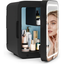 YU YUSING Mini Frigo de Chambre 4L avec Miroir LED, Luminosité Réglable, 6 Canettes, Petit Frigo Cosmétique, Réfrigérateur Porta