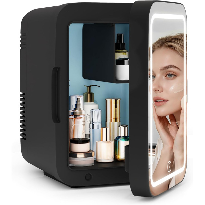 YU YUSING Mini Frigo de Chambre 4L avec Miroir LED, Luminosité Réglable, 6 Canettes, Petit Frigo Cosmétique, Réfrigérateur Porta