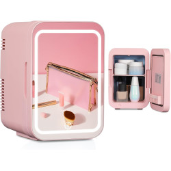 YU YUSING Mini Frigo de Chambre 4L avec Miroir LED, Luminosité Réglable, 6 Canettes, Petit Frigo Cosmétique, Réfrigérateur Porta