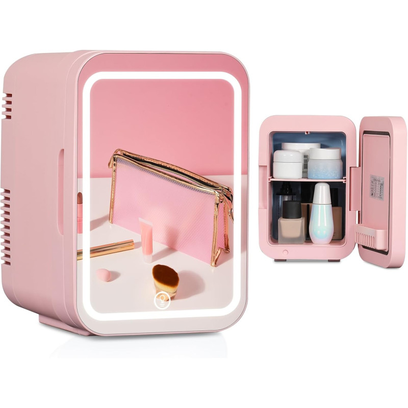 YU YUSING Mini Frigo de Chambre 4L avec Miroir LED, Luminosité Réglable, 6 Canettes, Petit Frigo Cosmétique, Réfrigérateur Porta