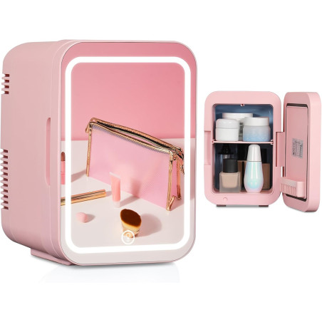 YU YUSING Mini Frigo de Chambre 4L avec Miroir LED, Luminosité Réglable, 6 Canettes, Petit Frigo Cosmétique, Réfrigérateur Porta