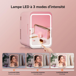 YU YUSING Mini Frigo de Chambre 4L avec Miroir LED, Luminosité Réglable, 6 Canettes, Petit Frigo Cosmétique, Réfrigérateur Porta