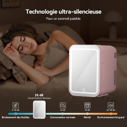 YU YUSING Mini Frigo de Chambre 4L avec Miroir LED, Luminosité Réglable, 6 Canettes, Petit Frigo Cosmétique, Réfrigérateur Porta