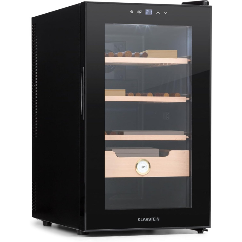 Klarstein El Presidente Cave à Cigares - Humidor Thermoélectrique avec Porte Vitrée, Clayettes en Bois de Cèdre, Hygromètre, Écl