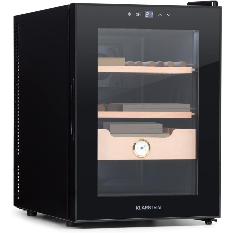 Klarstein El Presidente Cave à Cigares - Humidor Thermoélectrique avec Porte Vitrée, Clayettes en Bois de Cèdre, Hygromètre, Écl