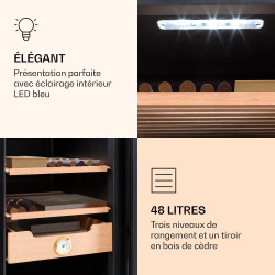 Klarstein El Presidente Cave à Cigares - Humidor Thermoélectrique avec Porte Vitrée, Clayettes en Bois de Cèdre, Hygromètre, Écl