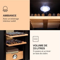 Klarstein El Presidente Cave à Cigares - Humidor Thermoélectrique avec Porte Vitrée, Clayettes en Bois de Cèdre, Hygromètre, Écl