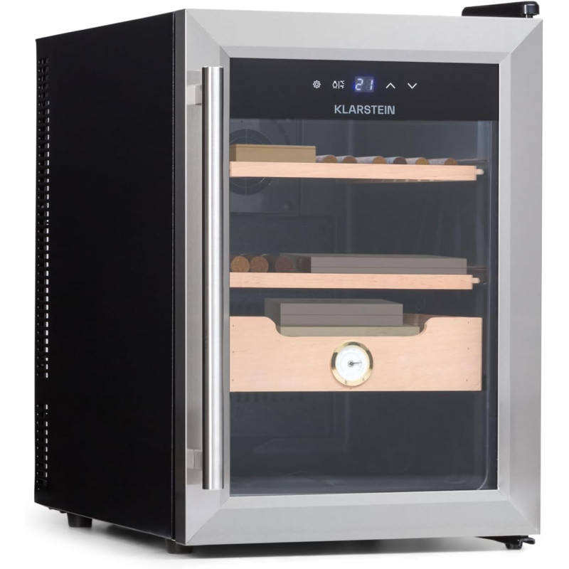 Klarstein El Presidente Cave à Cigares - Humidor Thermoélectrique avec Porte Vitrée, Clayettes en Bois de Cèdre, Hygromètre, Écl