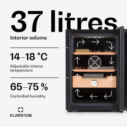 Klarstein El Presidente Cave à Cigares - Humidor Thermoélectrique avec Porte Vitrée, Clayettes en Bois de Cèdre, Hygromètre, Écl