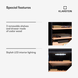 Klarstein El Presidente Cave à Cigares - Humidor Thermoélectrique avec Porte Vitrée, Clayettes en Bois de Cèdre, Hygromètre, Écl