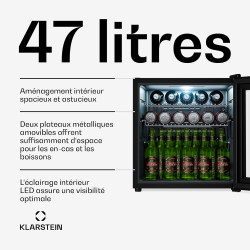 KLARSTEIN Réfrigérateur Pour Boisson 47L - Porte Verre Miroir, LED, 0-13°C, 2 Étagères Amovibles, Température Réglable, Mini Fri