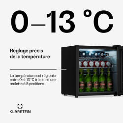 KLARSTEIN Réfrigérateur Pour Boisson 47L - Porte Verre Miroir, LED, 0-13°C, 2 Étagères Amovibles, Température Réglable, Mini Fri