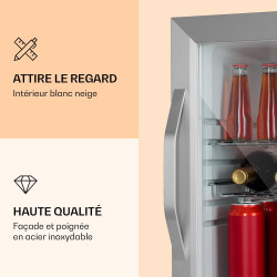 Klarstein Beersafe Réfrigérateur à Boissons 33 L – Mini Frigo avec Porte Vitrée, Argent | Éclairage LED, étagères métalliques am