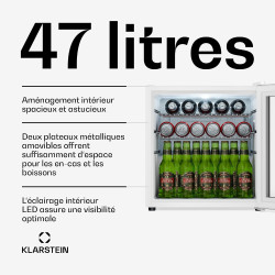 KLARSTEIN Beersafe Réfrigérateur à Boissons 47 L – Mini Frigo avec Porte Vitrée, Blanc-Argent | Éclairage LED, étagères métalliq