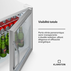 KLARSTEIN Beersafe Réfrigérateur à Boissons 47 L – Mini Frigo avec Porte Vitrée, Blanc-Argent | Éclairage LED, étagères métalliq