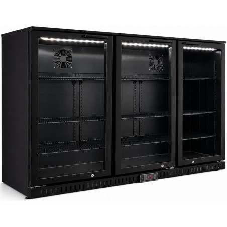 Générique Arrière Bar Réfrigéré 3 Portes Battantes Vitrées – 297 L – Froid Ventilé – Température +2 °C à +8 °C – Inox – 6 Grille