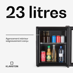 KLARSTEIN Brooklyn Mini Frigo de Chambre, Mini Bar, Refrigerateur Aliments, Boissons, Porte en Verre, Etagères Réglables, Petit 