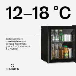 KLARSTEIN Brooklyn Mini Frigo de Chambre, Mini Bar, Refrigerateur Aliments, Boissons, Porte en Verre, Etagères Réglables, Petit 