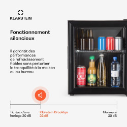 KLARSTEIN Brooklyn Mini Frigo de Chambre, Mini Bar, Refrigerateur Aliments, Boissons, Porte en Verre, Etagères Réglables, Petit 