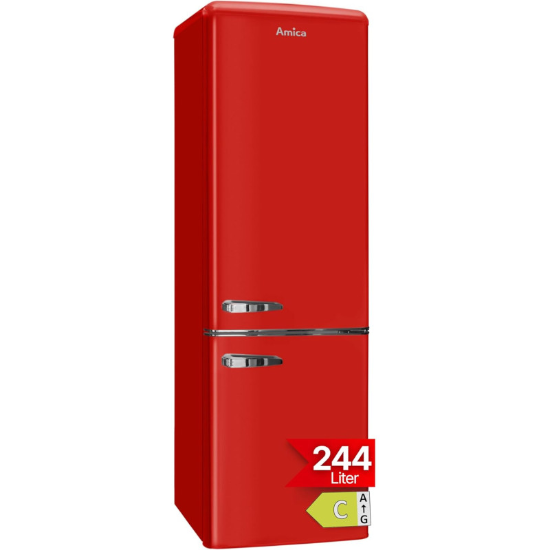 Amica Réfrigérateur autonome rétro avec congélateur - 244 l - Éclairage LED - Étagères en verre chromé - Grille à bouteilles - 1