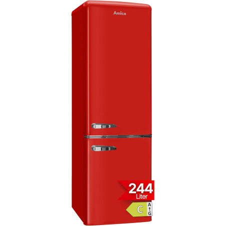 Amica Réfrigérateur autonome rétro avec congélateur - 244 l - Éclairage LED - Étagères en verre chromé - Grille à bouteilles - 1