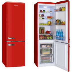 Amica Réfrigérateur autonome rétro avec congélateur - 244 l - Éclairage LED - Étagères en verre chromé - Grille à bouteilles - 1