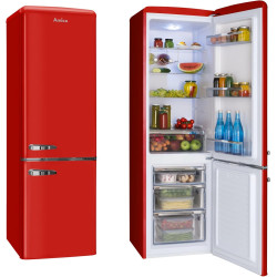 Amica Réfrigérateur autonome rétro avec congélateur - 244 l - Éclairage LED - Étagères en verre chromé - Grille à bouteilles - 1