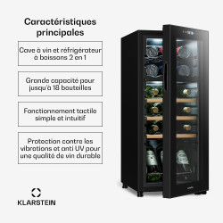 Klarstein caves à vin 18 bouteilles en pose libre - range-bouteille avec 2 zones de refroidissement, compresseur économique - po