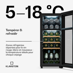 Klarstein caves à vin 18 bouteilles en pose libre - range-bouteille avec 2 zones de refroidissement, compresseur économique - po
