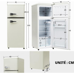 Merax Réfrigérateur à deux portes 92 litres - Congélateur 28 l - 105,5 cm de hauteur - LED - Étagères en verre réglables - 116 k