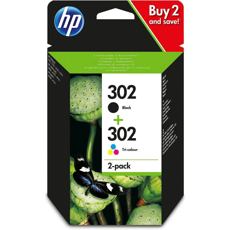 HP 302 Noir et Trois Couleurs, Lot de 2 Cartouches Encre Originales | Compatible avec les gammes d'imprimantes DeskJet 1110, 213