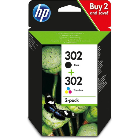 HP 302 Noir et Trois Couleurs, Lot de 2 Cartouches Encre Originales | Compatible avec les gammes d'imprimantes DeskJet 1110, 213
